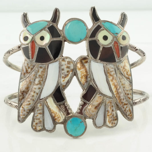 Vintage Zuni, Native American Sterling Silver Cuff Bracelet Multi Stone Inlay, Owls