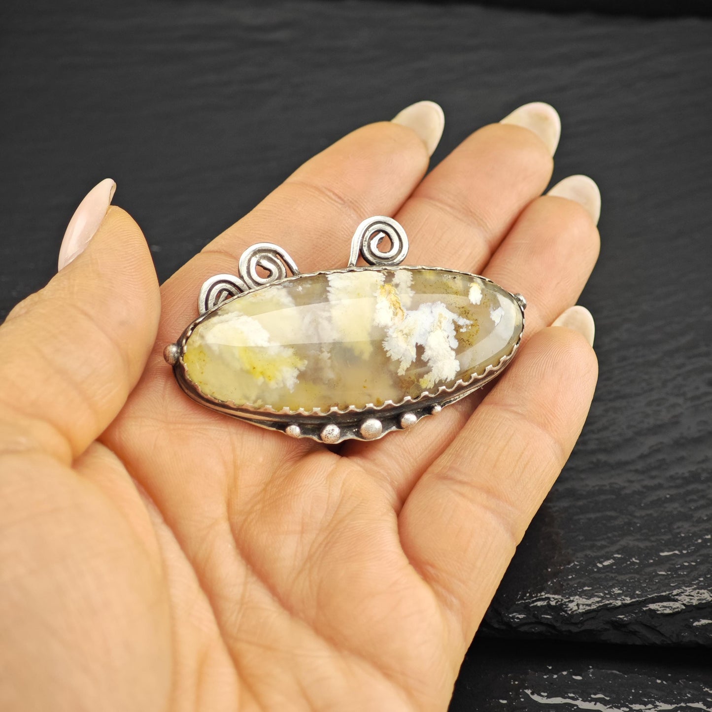 Vintage Brown Oval, Moss Agate Sterling Silver Brooch