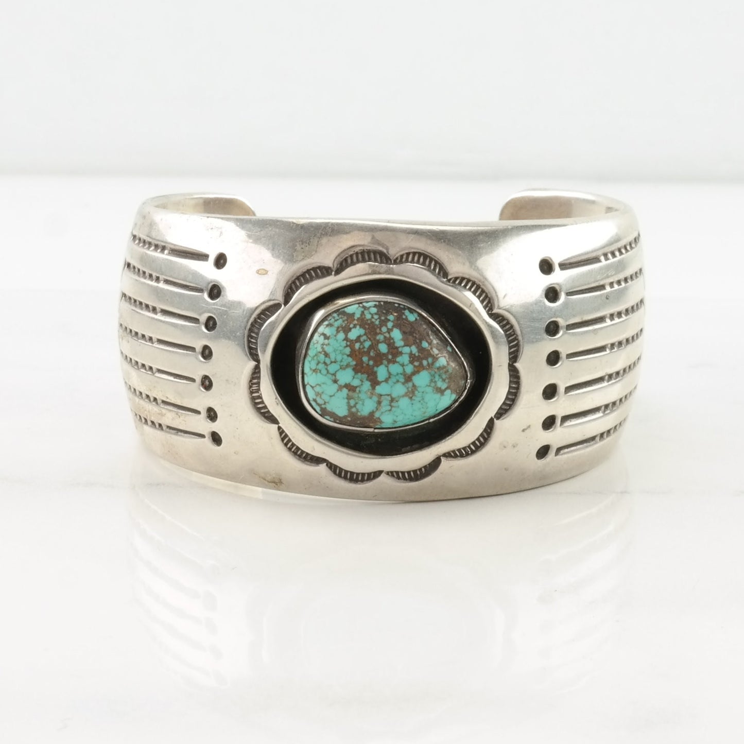 Vintage Native American Sterling Silver Cuff Bracelet Blue Spiderweb Turquoise Shadowbox, Overlay