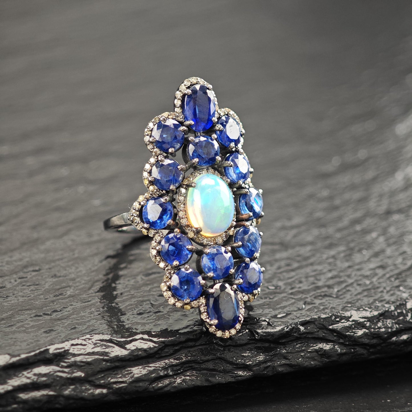Oxidized Sterling Silver Diamond Sapphire, Opal Ring