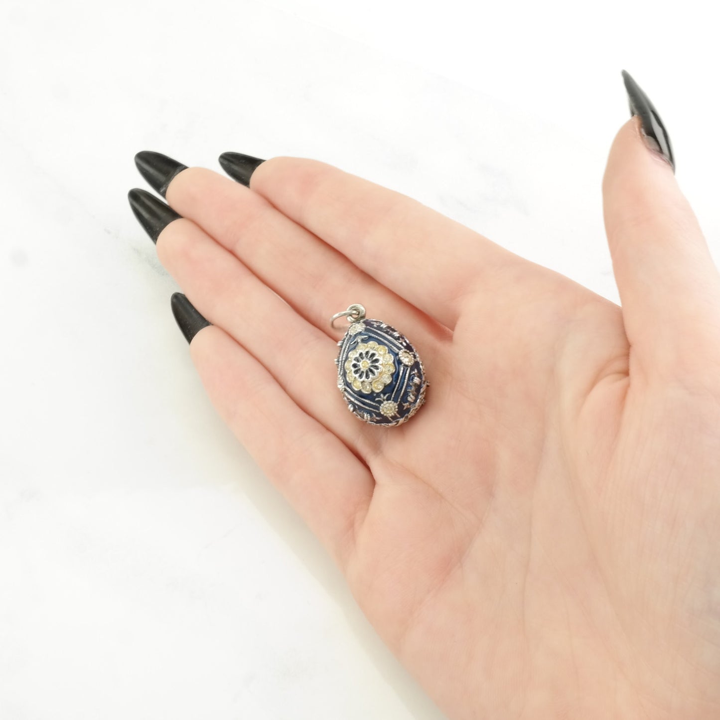 Vintage Enamel, CZ Egg, Floral Sterling Silver Pendant