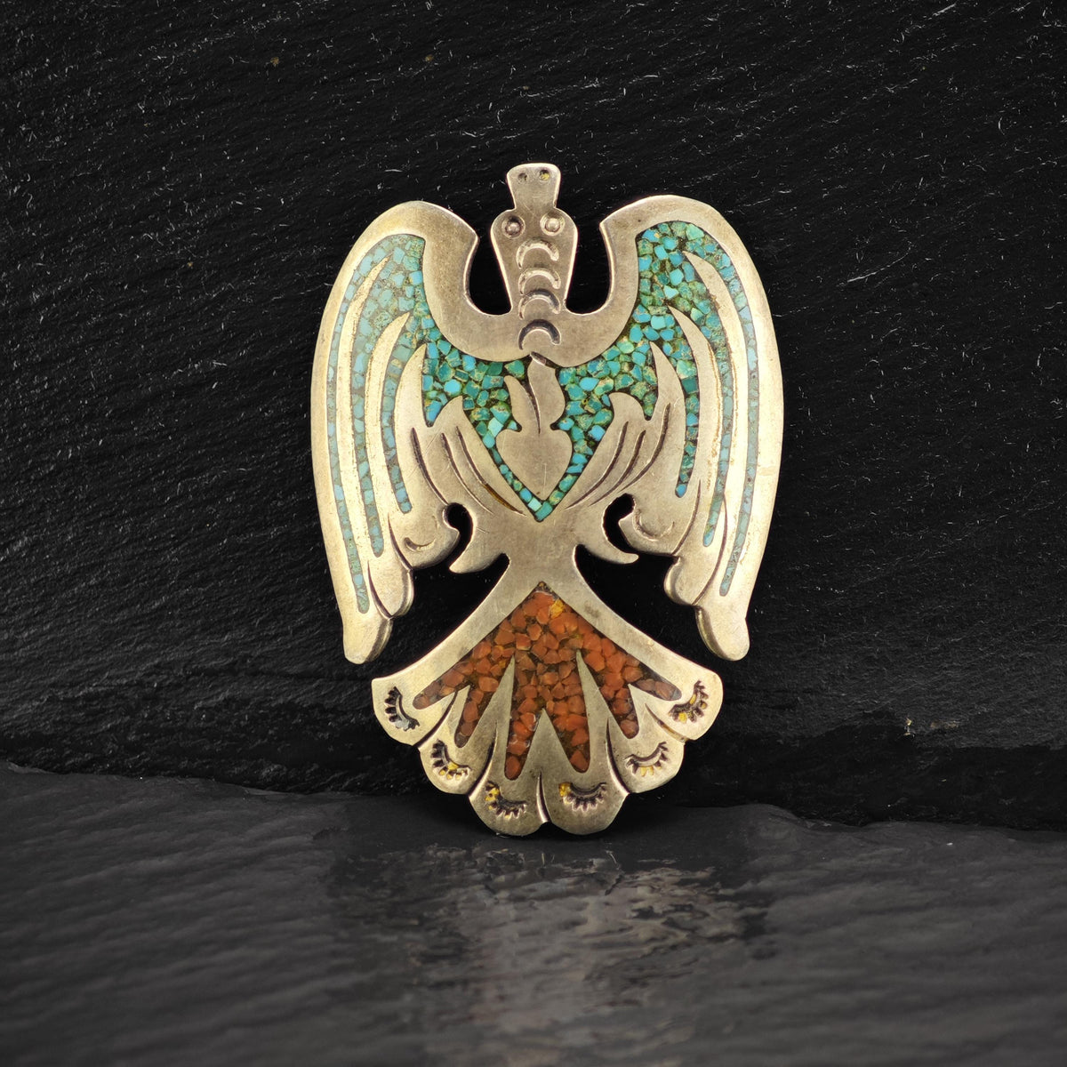 Jimmie Patterson Navajo Thunderbird Turquoise, Coral Inlay Sterling Silver Pendant P3152