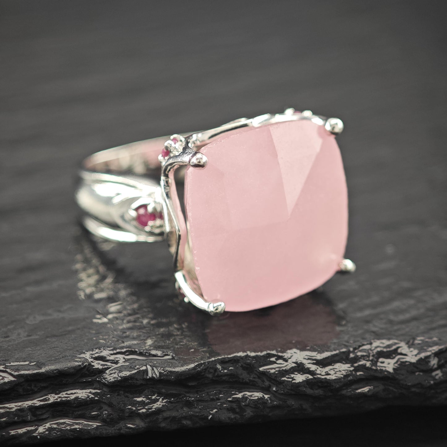 Large Faceted Pink Gemstone, Ruby Accents Ring Sterling Silver Size 8