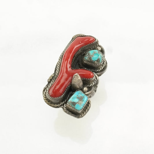 Native American Silver Ring Turquoise, Coral Sterling Blue, Red Size 7