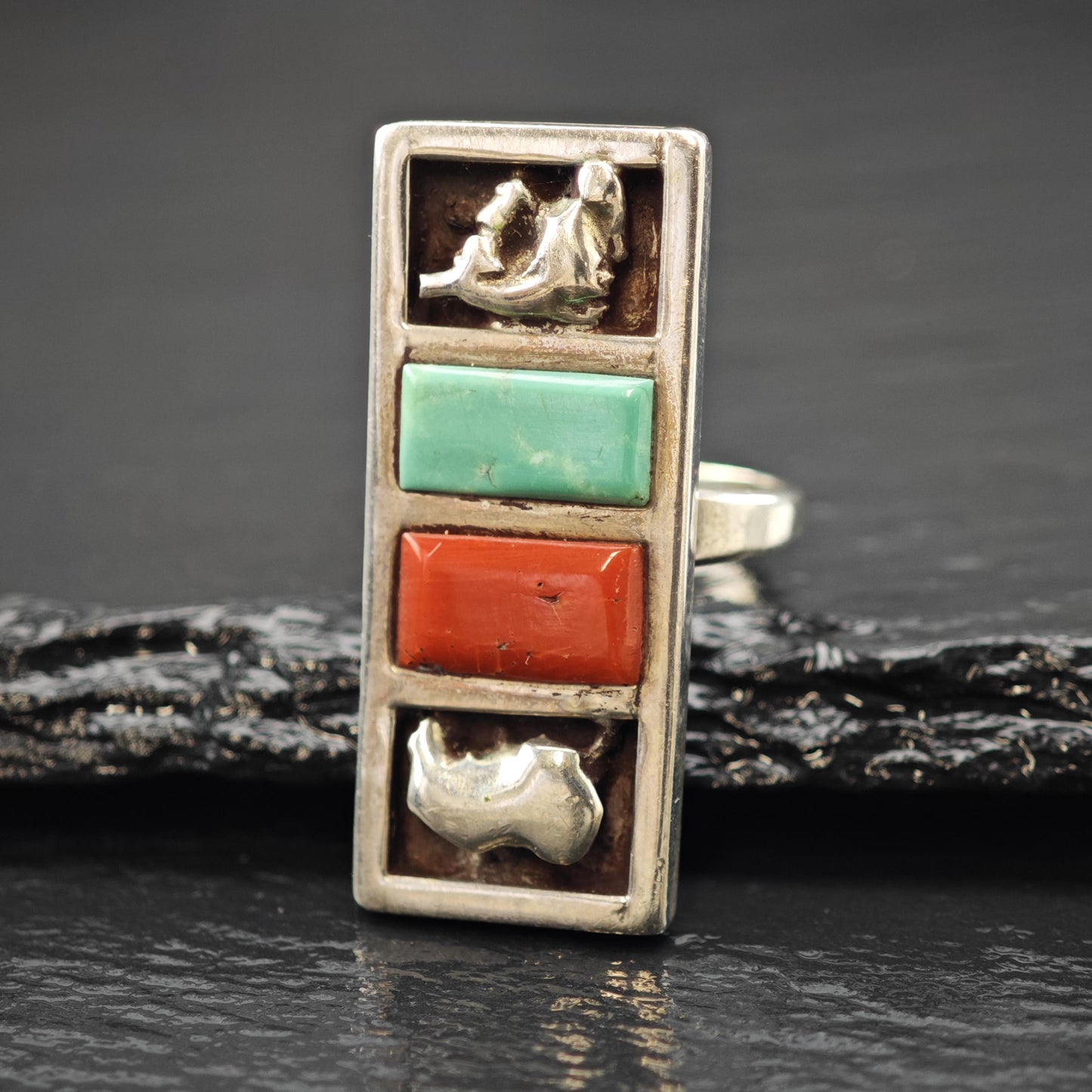 Zuni, Native American Turquoise, Coral Inlay Ring Sterling Silver Sz 6