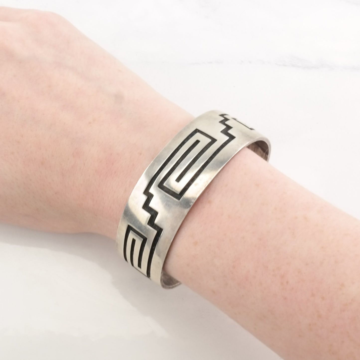 Important Overlay Hopi Cuff Bracelet , Native American Sterling Silver by Weaver Selina