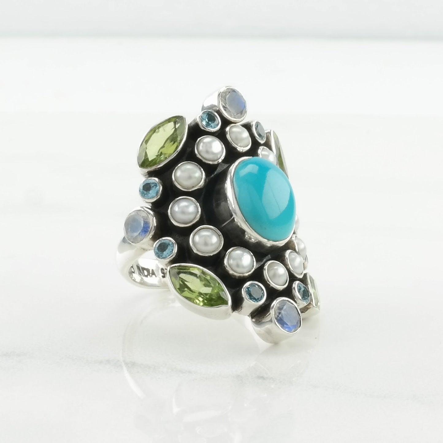 Nicky Butler Silver Ring Turquoise, Pearl, Peridot Cluster Sterling Size 7 1/4