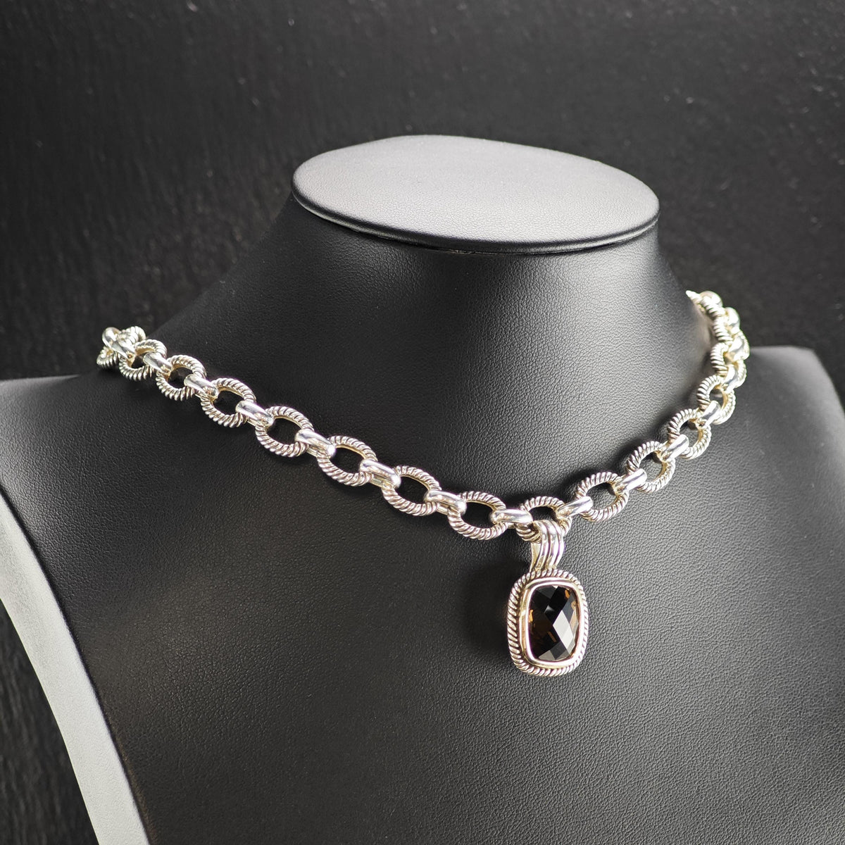 Vintage Michelle Albala Smoky Quartz Gold Bezel Sterling Silver Necklace N2783