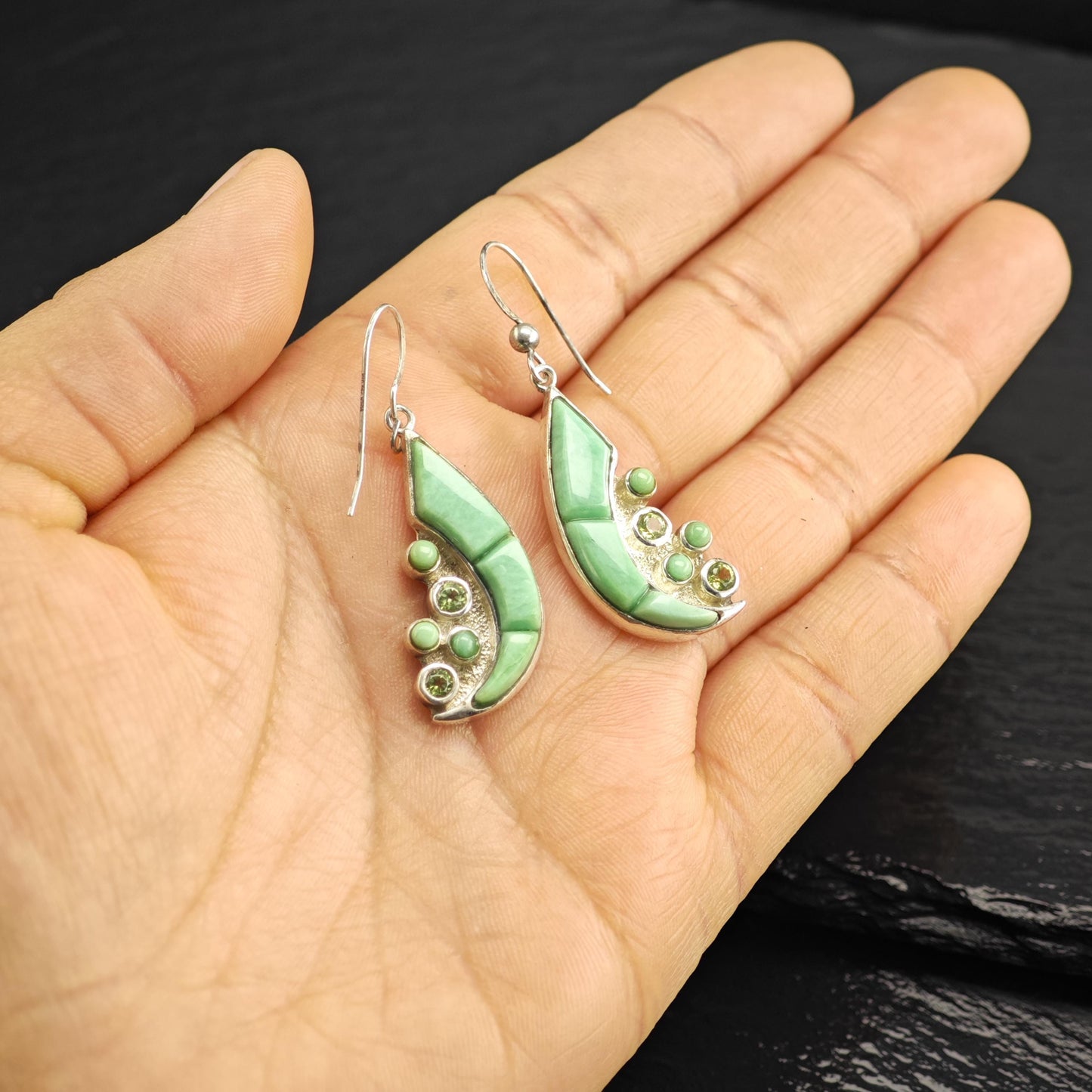 Green Gemstone & Peridot Crest Hook Earrings Sterling Silver ER3188