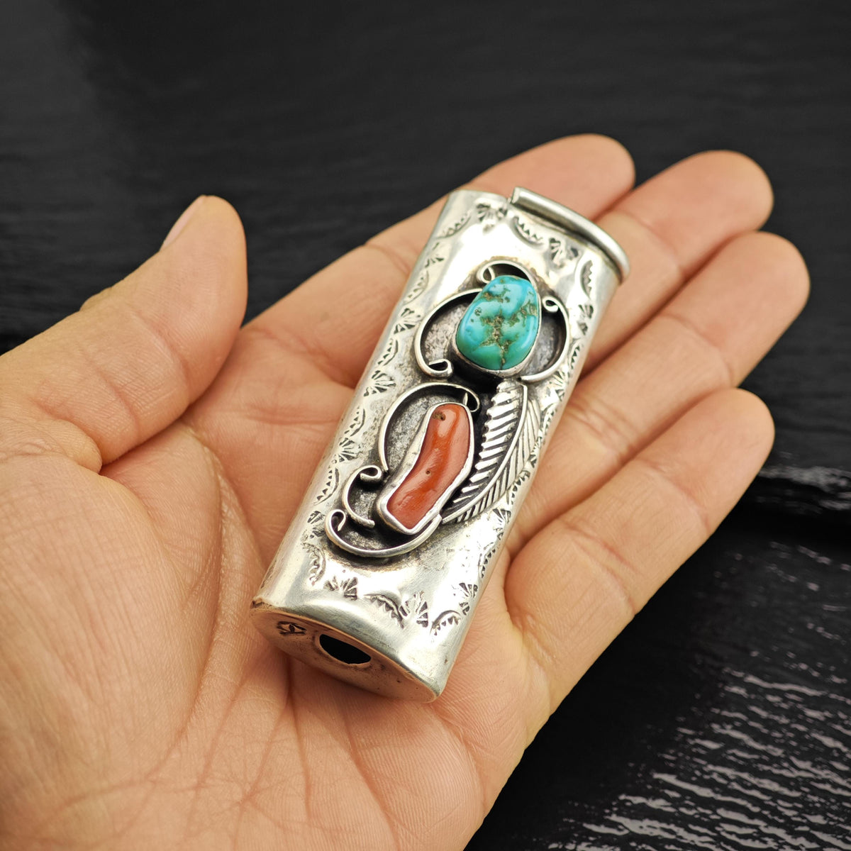 Native American Lighter Cover Turquoise Coral Feather Design Sterling Silver MISC0404