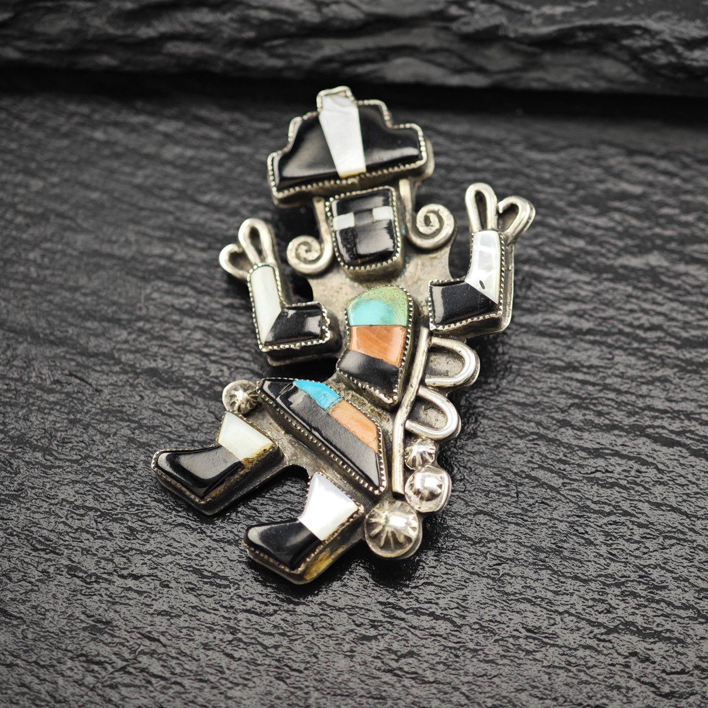 Zuni Sterling Silver Brooch Kachina Gemstone Inlay