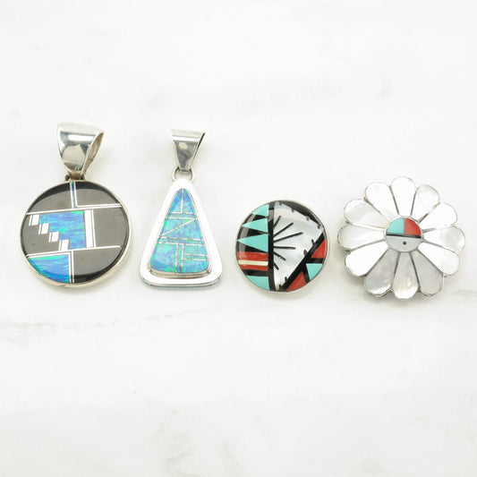 Vintage Native American Multi Gemstone Inlay Sterling Silver Pendant