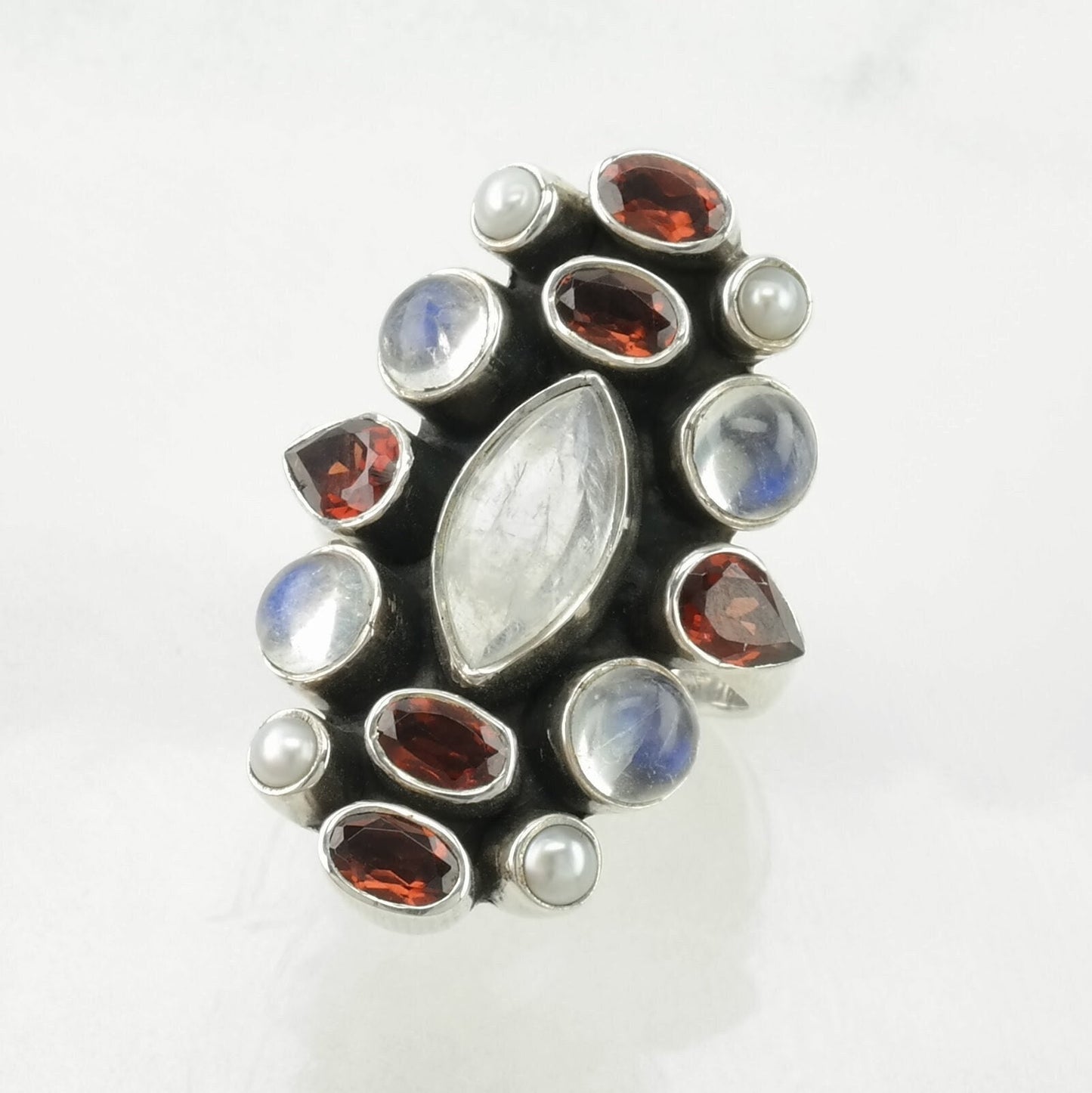 Nicky Butler Silver Ring Moonstone, Garnet Cluster Sterling Size 7 1/4