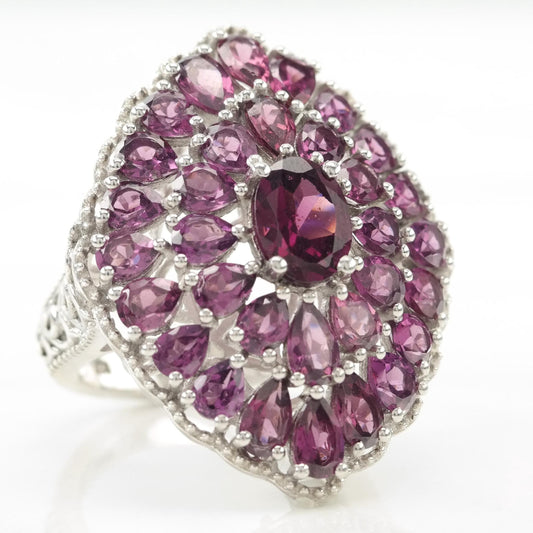 Vintage Large Garnet Cluster Sterling Silver Ring Size 6 1/2