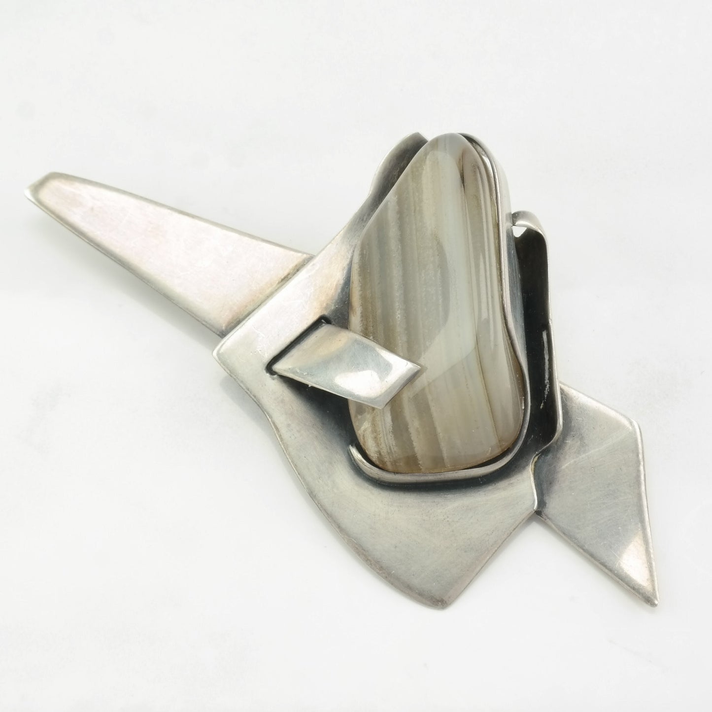 Mid-Century Modern Sterling Silver Brooch, Agate, Abstract Design, Signed RWW,