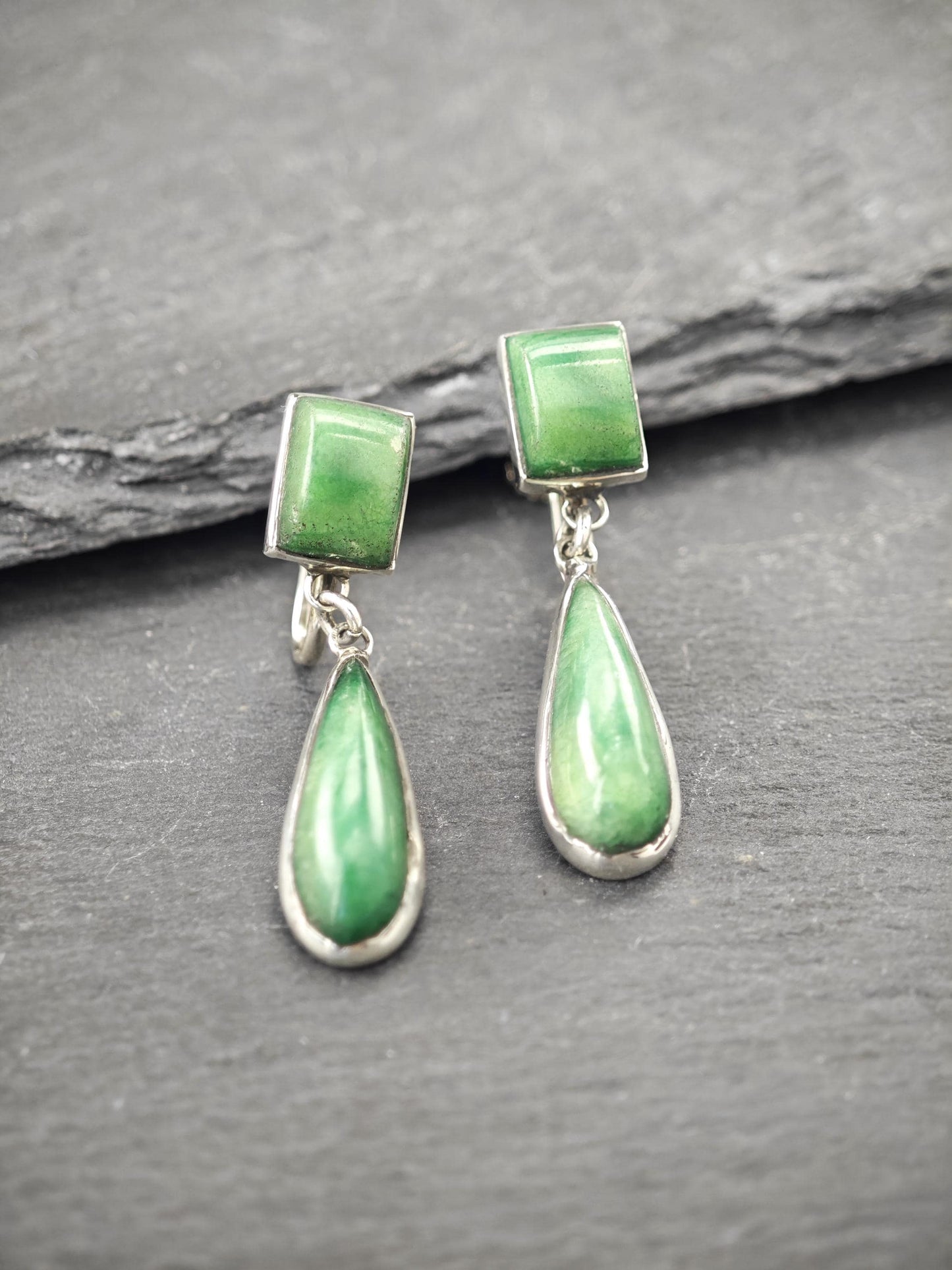 Green Gemstone, Teardrop Screw Back Earrings Sterling Silver