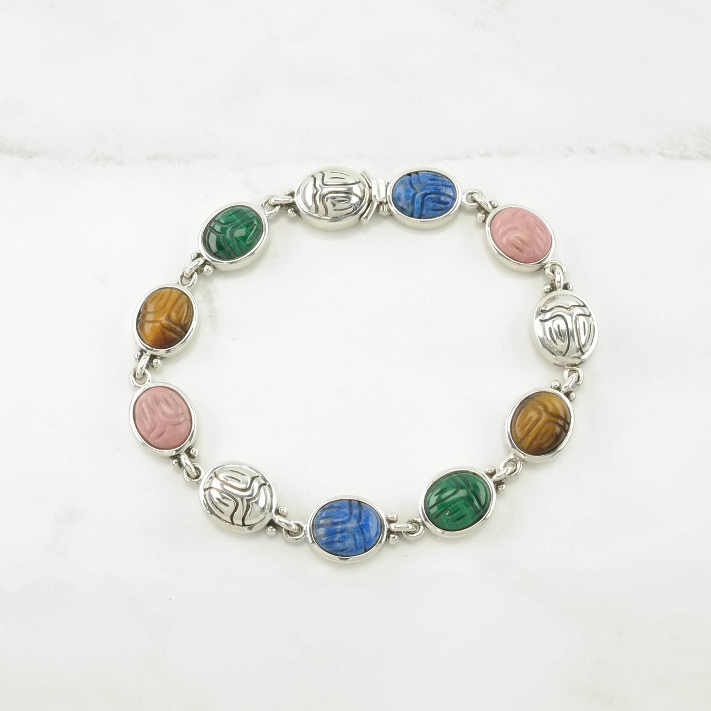 Choice Whitney Kelly Sterling Silver Link Bracelet Multi Stone Scarab, Carved