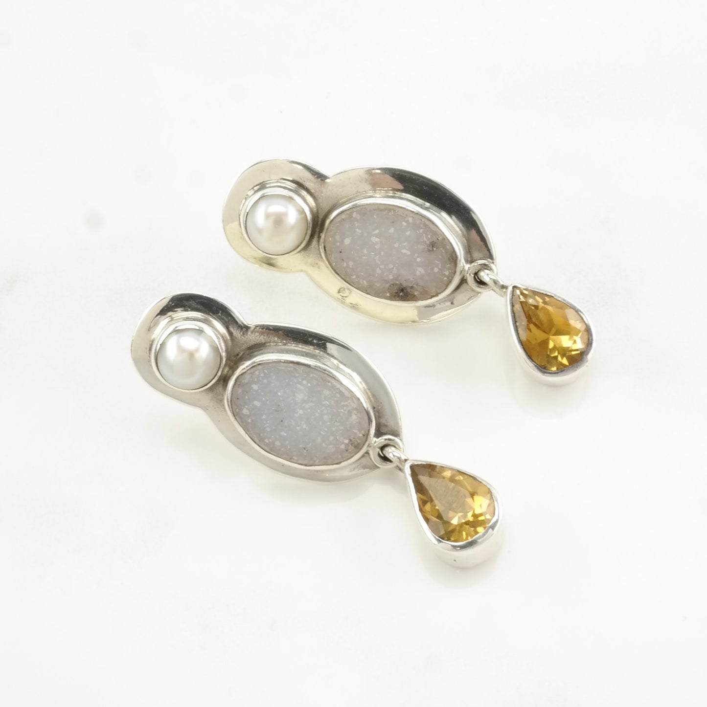 The Dreamer Sterling Silver White Pearl, Druzy Quartz Citrine Earrings Stud, dangle