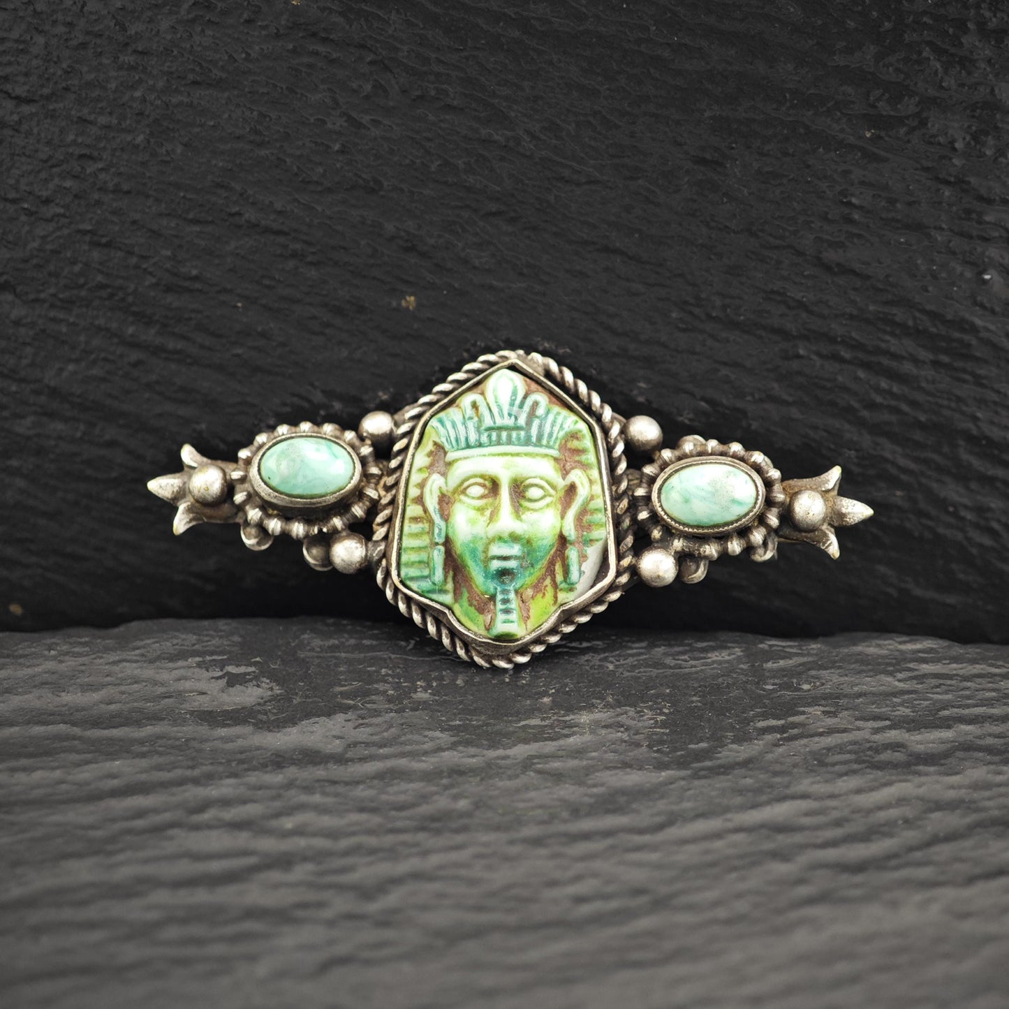 Egyptian Revival Green Turquoise Sterling Silver Brooch