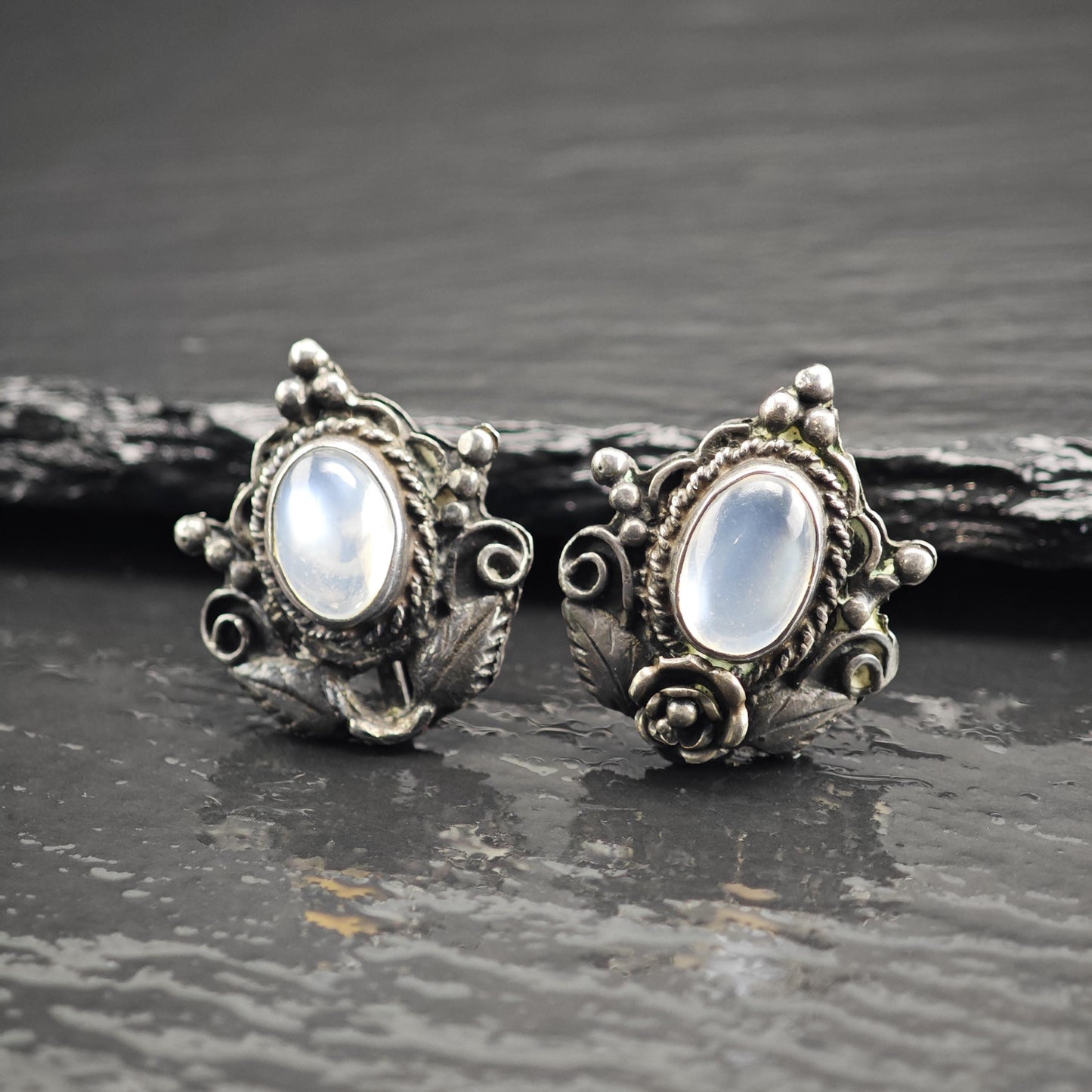 Art Nouveau Moonstone Screw Back Sterling Silver Earrings ER3199