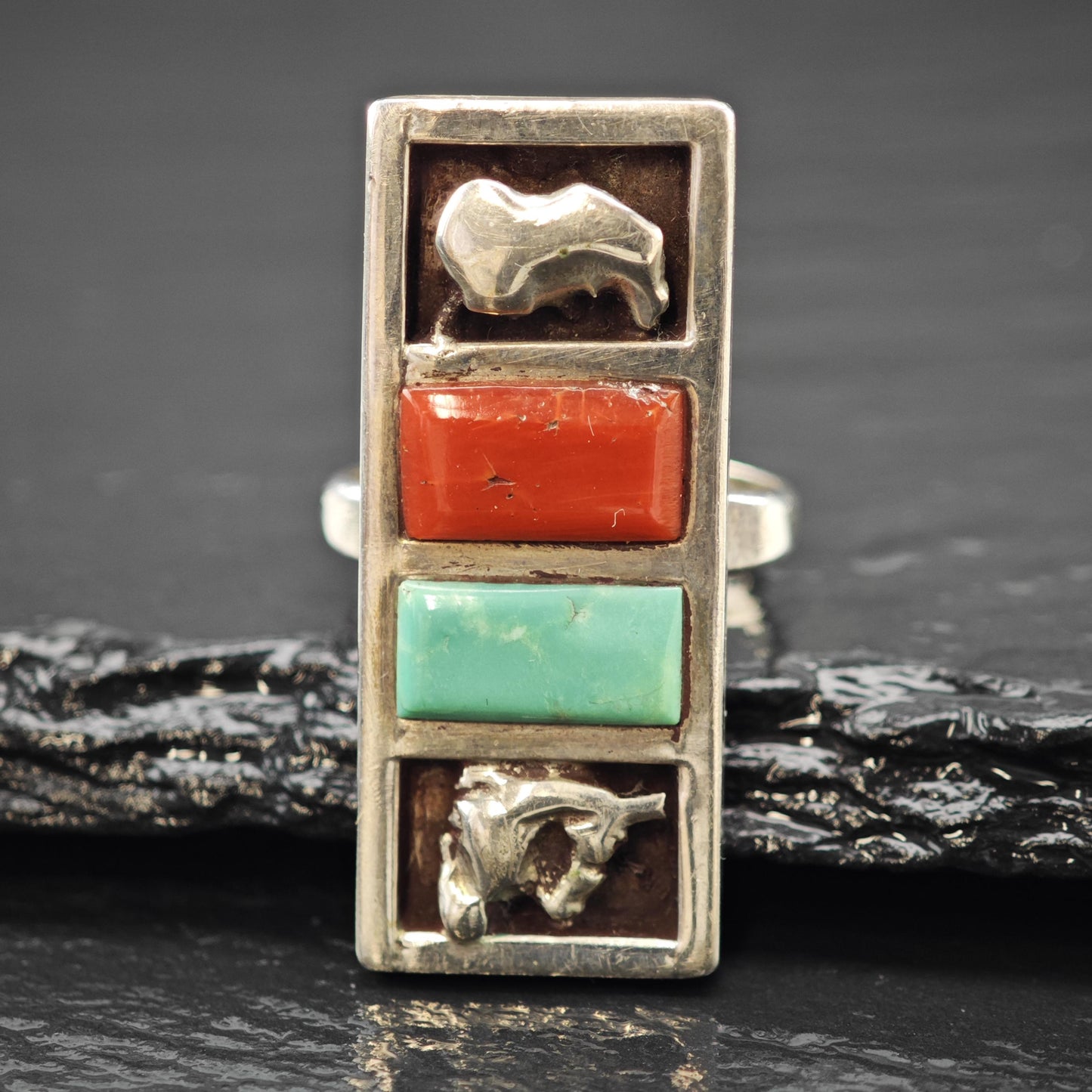 Zuni, Native American Turquoise, Coral Inlay Ring Sterling Silver Sz 6