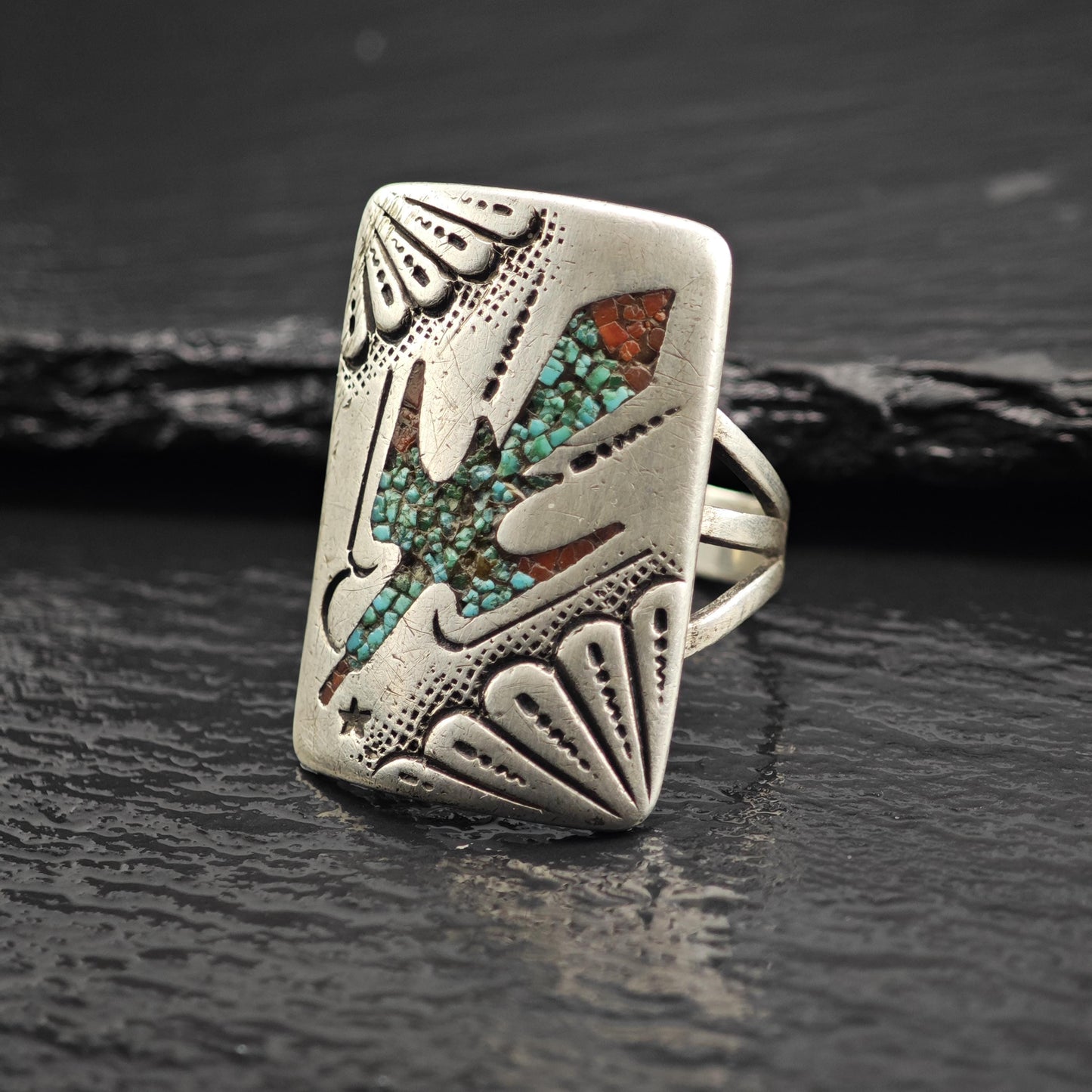 Leonard Haskie Inlay Thunderbird Ring Sterling Silver Sz 12 R6618