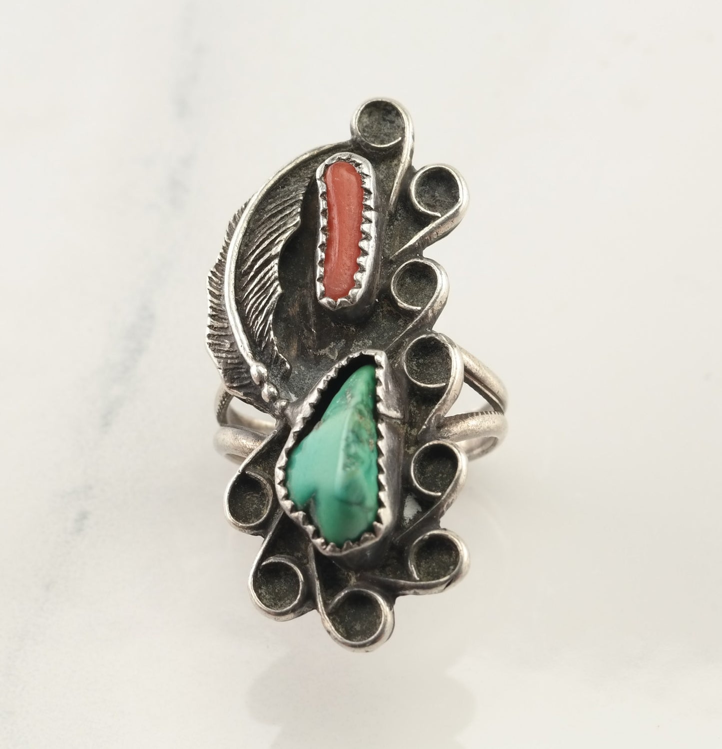 Native American Silver Ring Turquoise, Coral Sterling Size 6 1/2