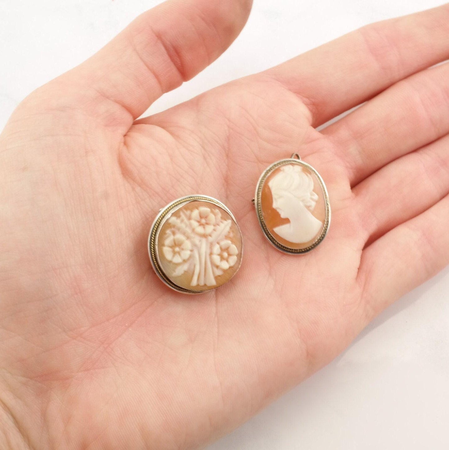 Sterling Silver Brooch: Carved Cameo Design Pink and White B1681 B