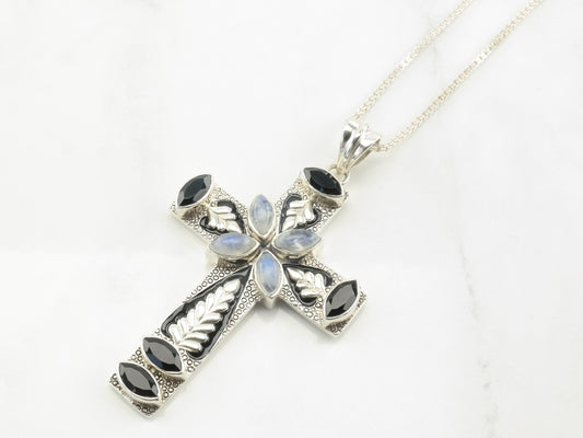 Nicky Buttler Sterling Silver Moonstone Onyx Enamel Large Cross Leaf Necklace