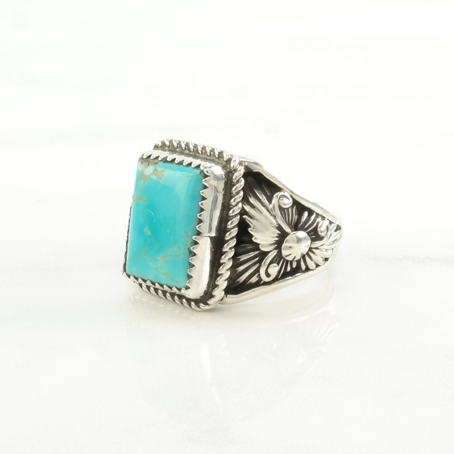 Native American Silver Ring Turquoise Floral Sterling Blue Size 10 1/2