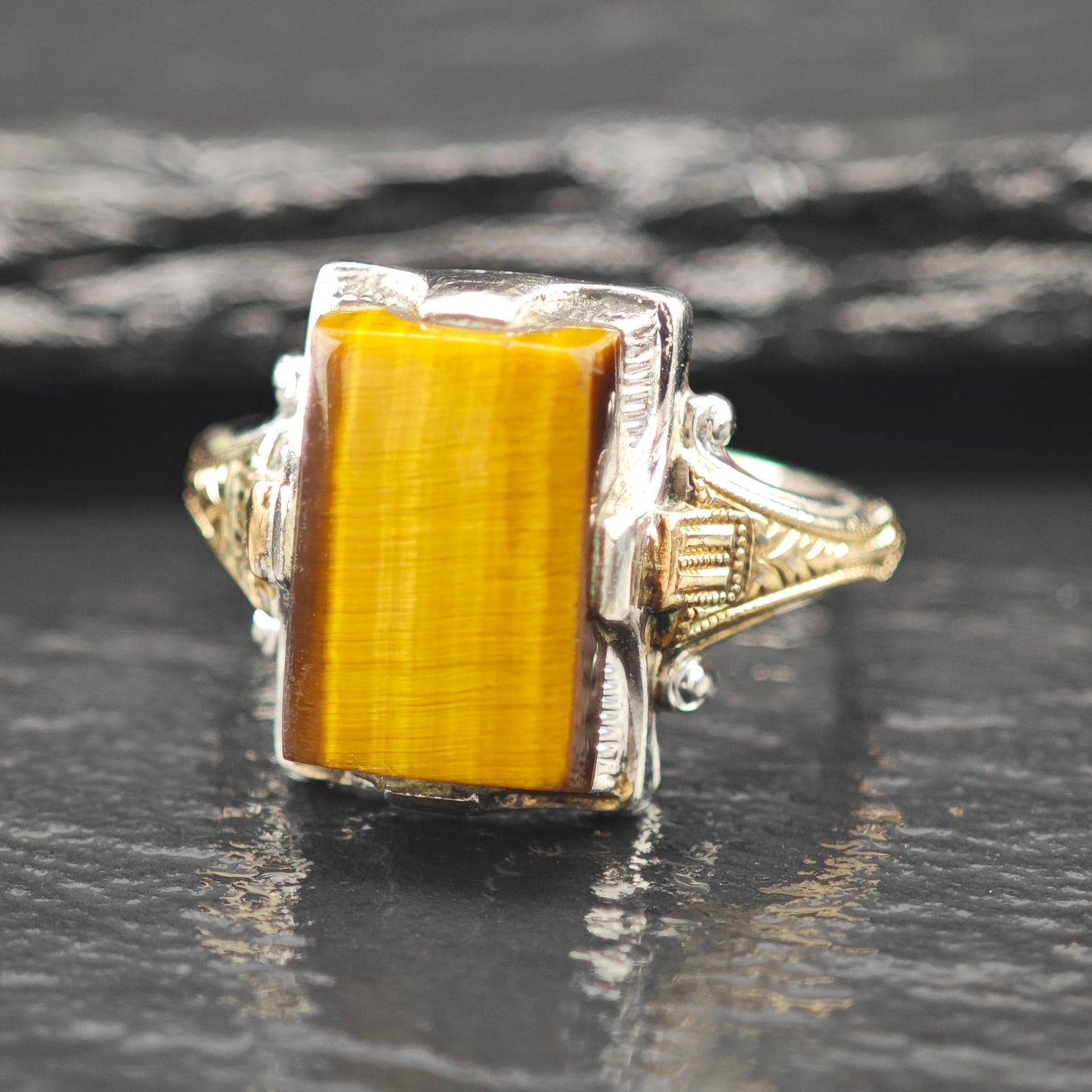 Art Deco Ring Sterling Silver Tiger Eye 10K Gold Filled Accent