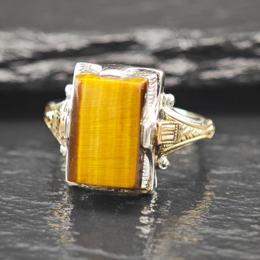 Art Deco Ring Sterling Silver Tiger Eye 10K Gold Filled Accent