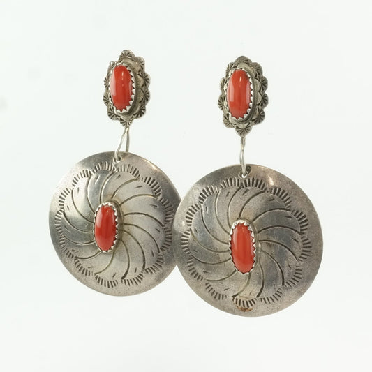 Native American Sterling Silver Red Coral Stamped, Shield Earrings Stud, Dangle