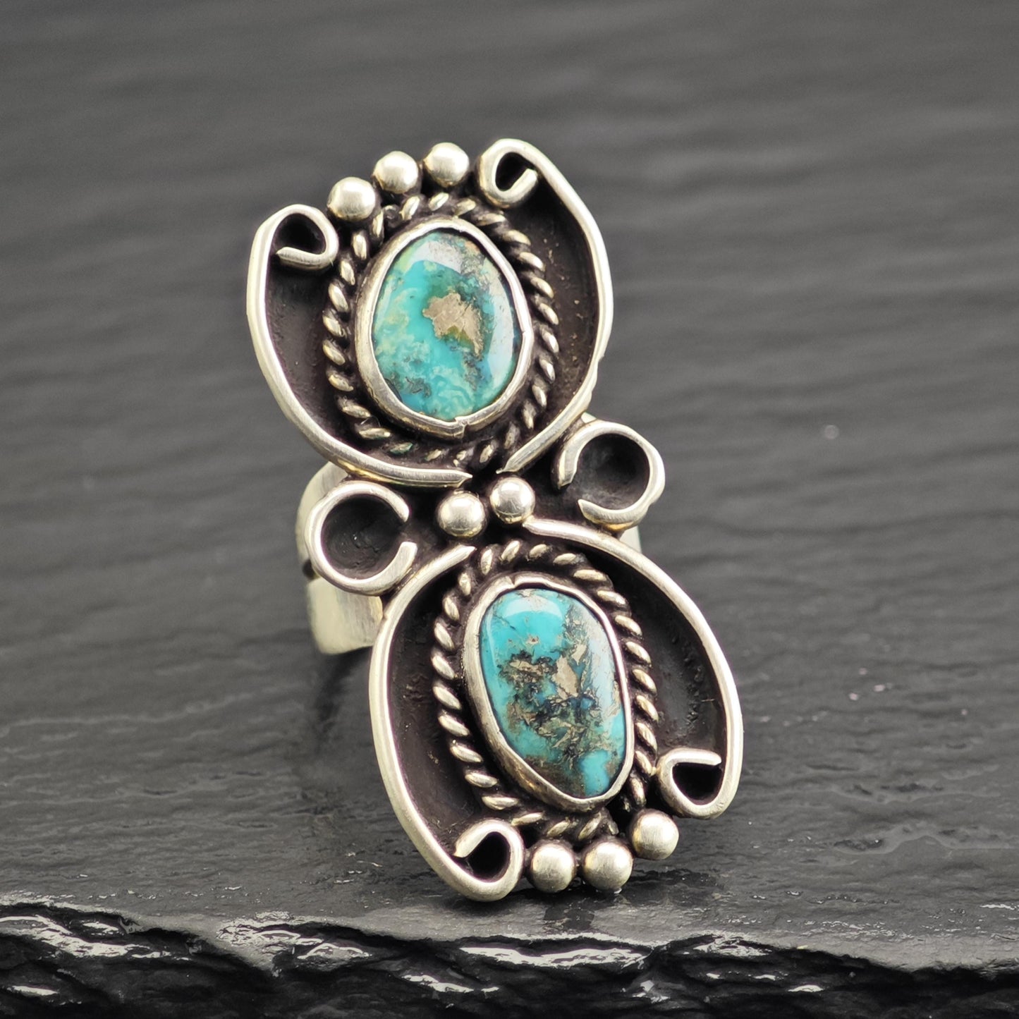 Vintage Native American Turquoise Duo Sterling Silver Ring Sz 6 1/2 R6623