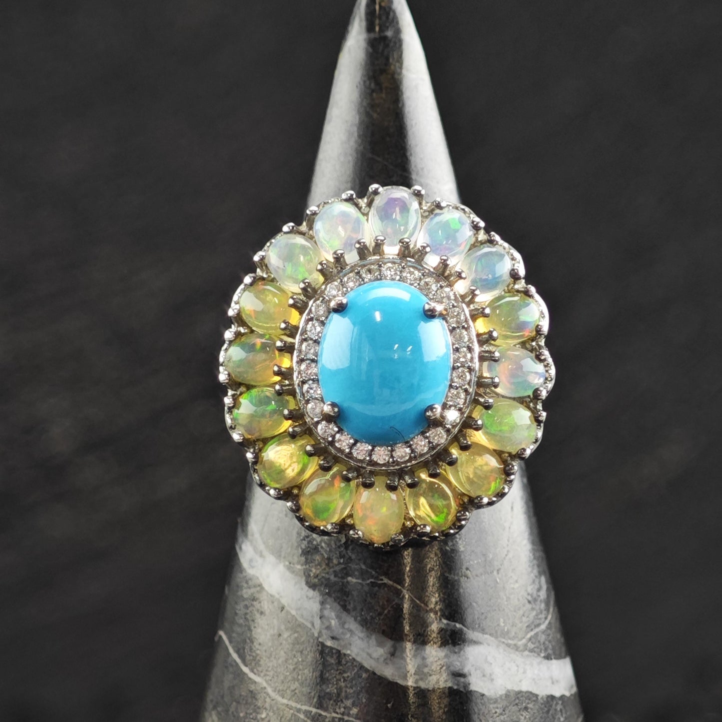 Vintage Turquoise & Opal Sterling Silver Ring Sz 5 1/4 R6612