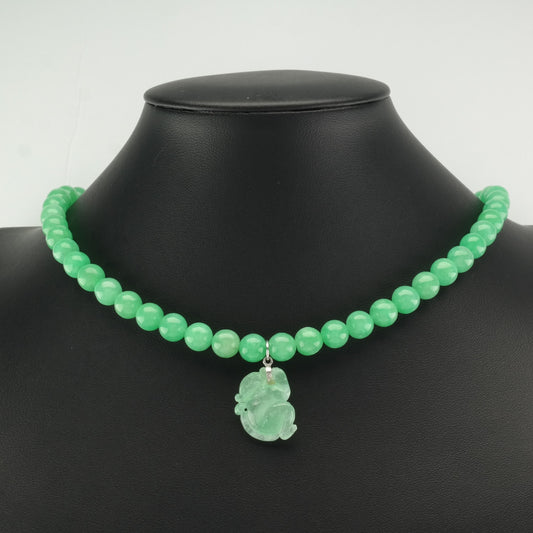 Vintage Green Jade Bead Necklace Carved Jade Monkey Pendant Sterling Silver N1963