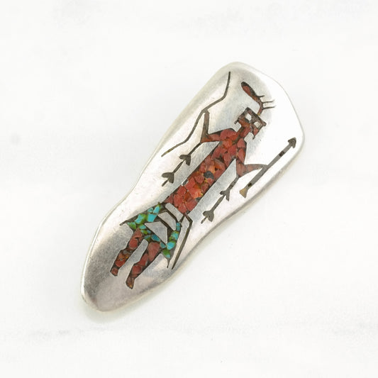 Vintage Native American Crushed Coral, Turquoise Figure Sterling Silver Pendant