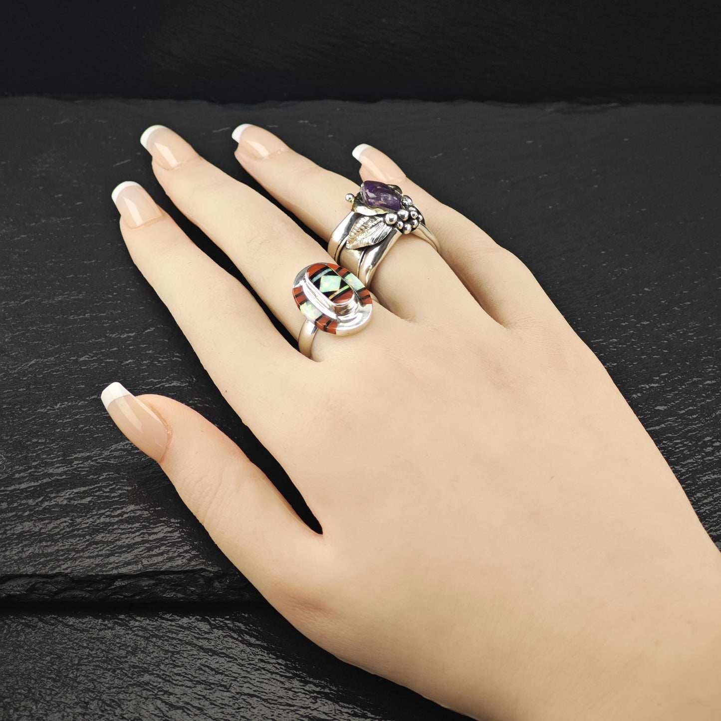 Native Opal, Coral Inlay Ring Sterling Silver Sz 9 1/2 R5952