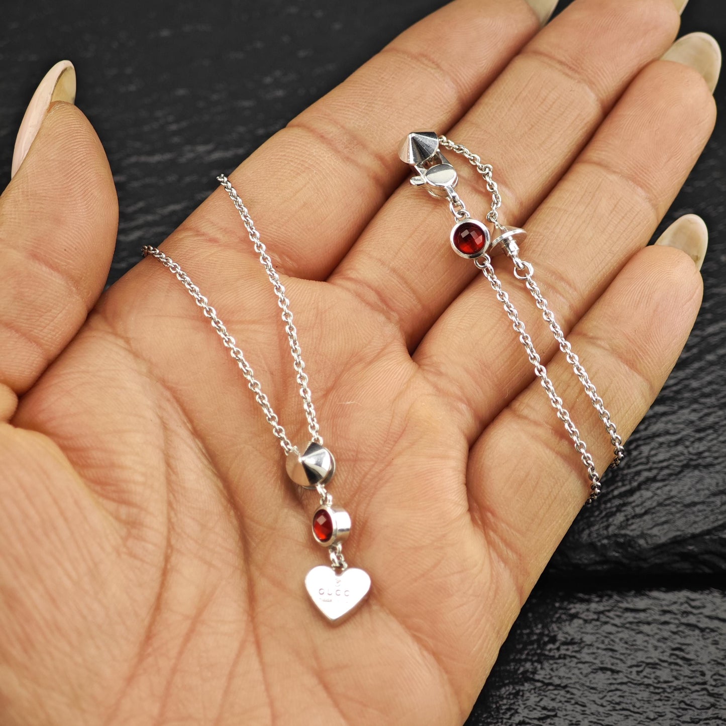 Gucci Sterling Silver Red Crystal Heart, Modernist Necklace N2592