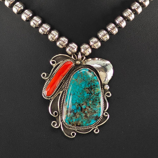 Native American Turquoise, Coral Beaded Necklace in Sterling Silver