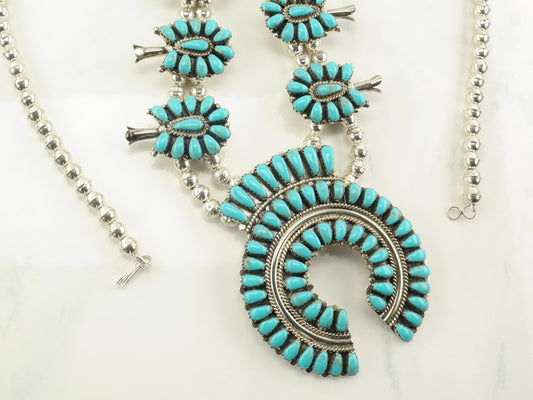 Vintage Native American Sterling Silver Block Turquoise Cluster Squash Blossom Necklace