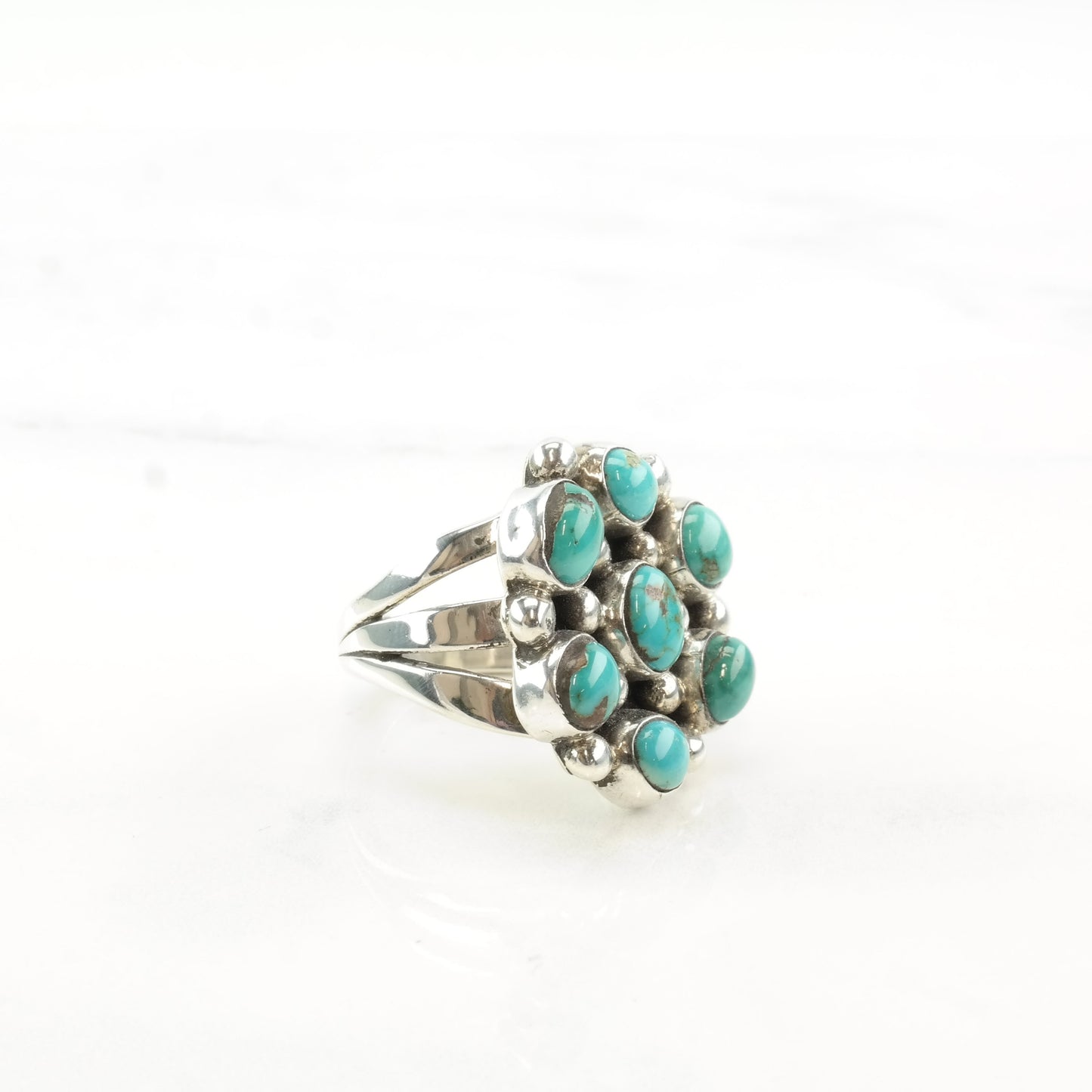 Zuni Silver Ring Turquoise Flower Cluster Sterling Size 6 1/4