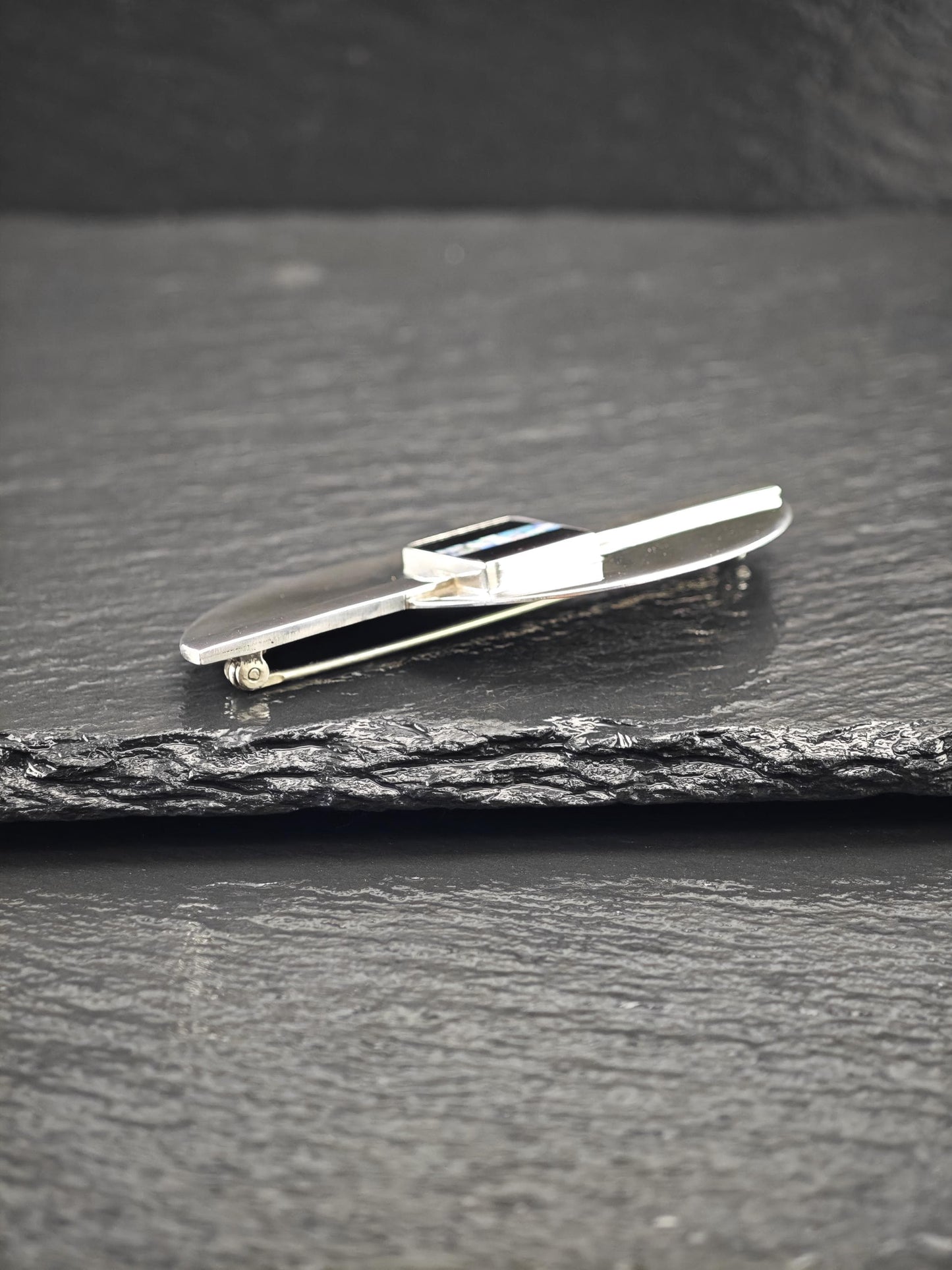 Modernist Opal, Onyx Brooch Sterling Silver