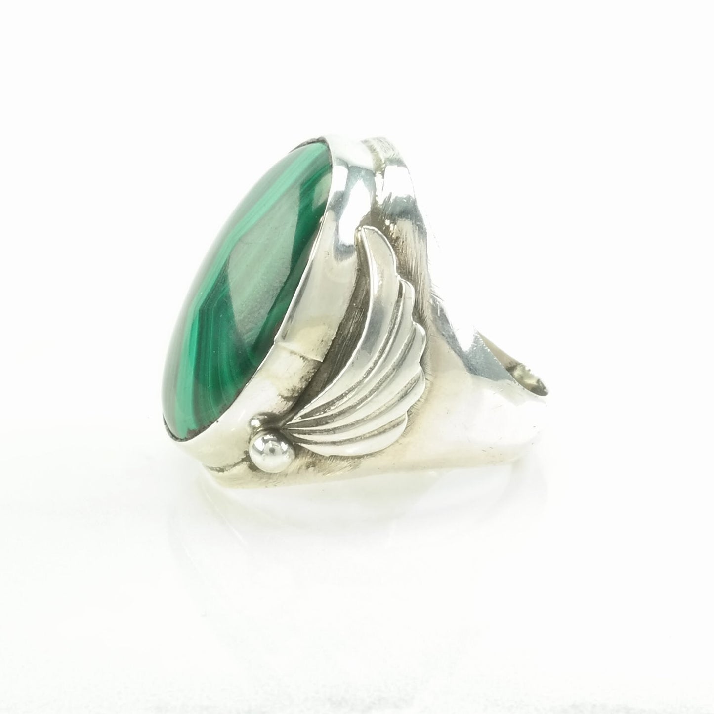 Large Silver Ring Malachite Leaf Sterling Green Size 9 1/2