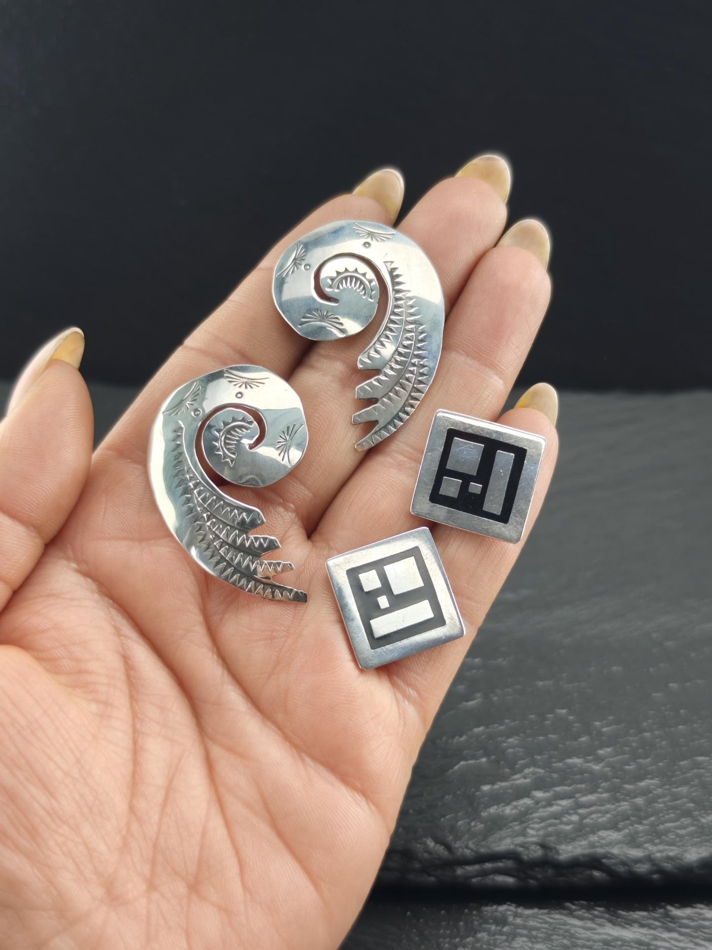 Vintage Warsaw, Poland Black Enamel Geometric Stud Earrings Sterling Silver