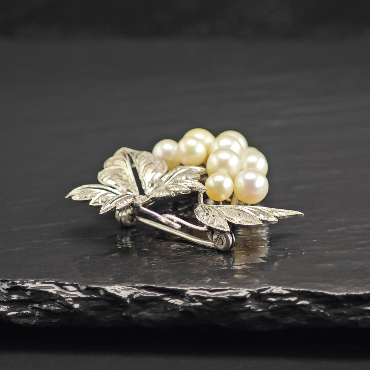 Japan Akoya Cultured Pearls, Grape Vine Sterling Silver Brooch B2260