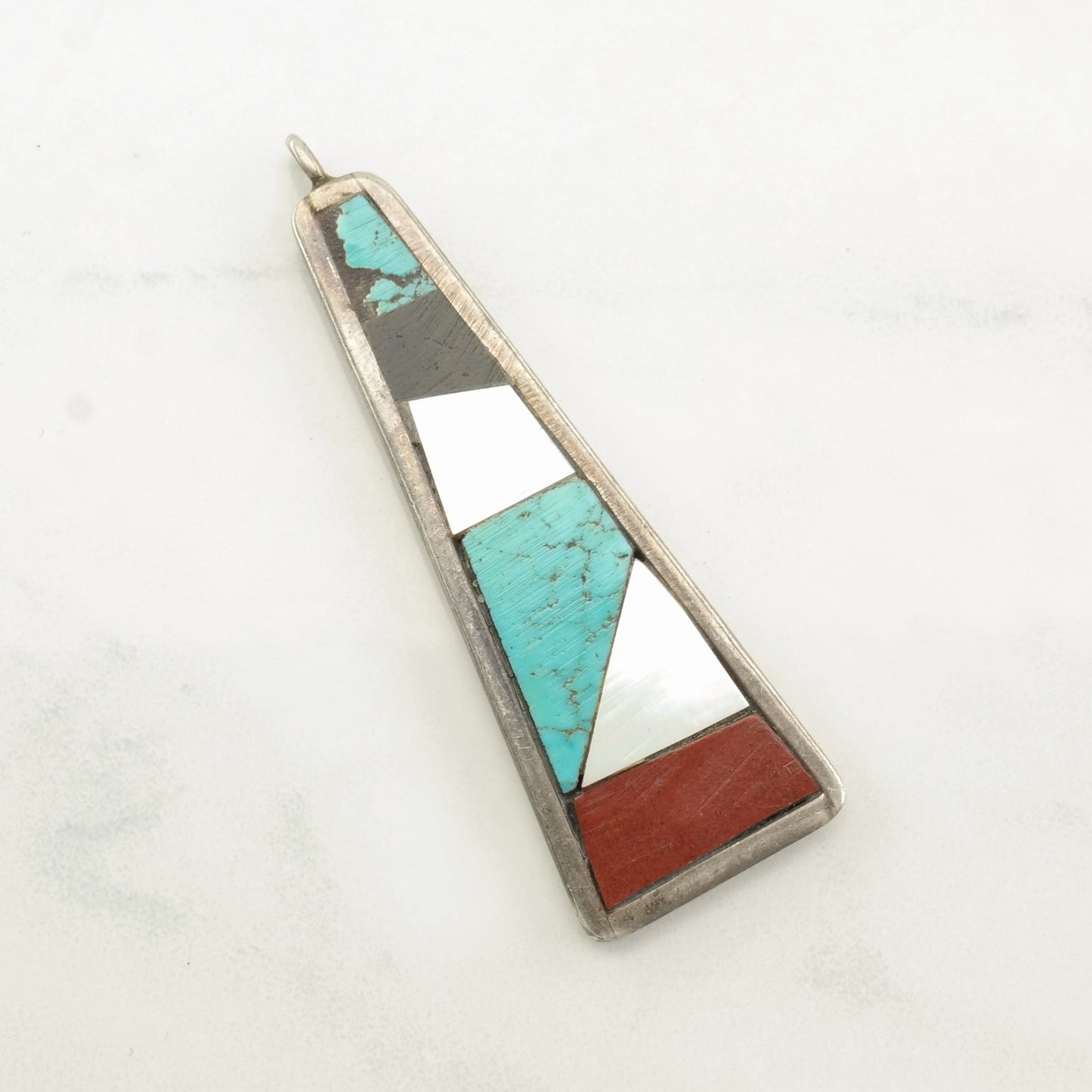 Native American MOP, Jet, Turquoise, Coral Inlay Sterling Silver Pendant