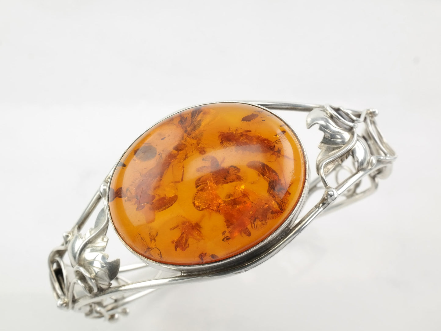 Modernist Sterling Silver Bangle Bracelet Orange Natural Amber