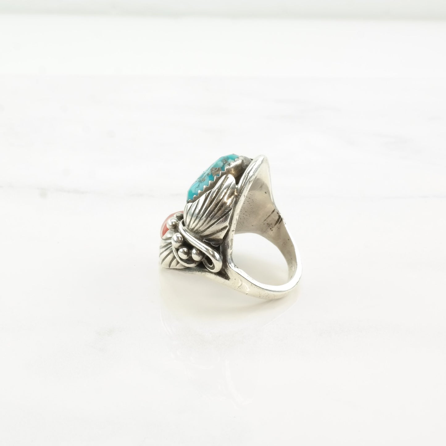 Native American Silver Ring Turquoise Coral Leaf Sterling Size 7 1/4