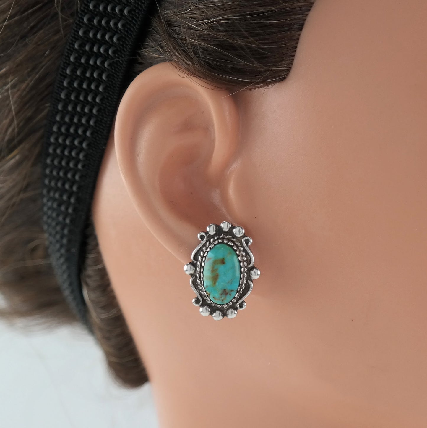 Native American Sterling Silver Turquoise Scroll Earrings Stud